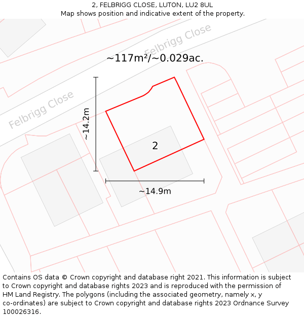 2, FELBRIGG CLOSE, LUTON, LU2 8UL: Plot and title map