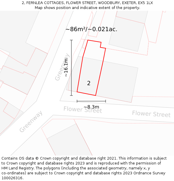 2, FERNLEA COTTAGES, FLOWER STREET, WOODBURY, EXETER, EX5 1LX: Plot and title map