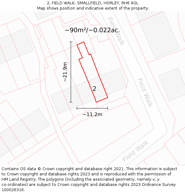 2, FIELD WALK, SMALLFIELD, HORLEY, RH6 9GL: Plot and title map