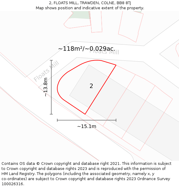 2, FLOATS MILL, TRAWDEN, COLNE, BB8 8TJ: Plot and title map