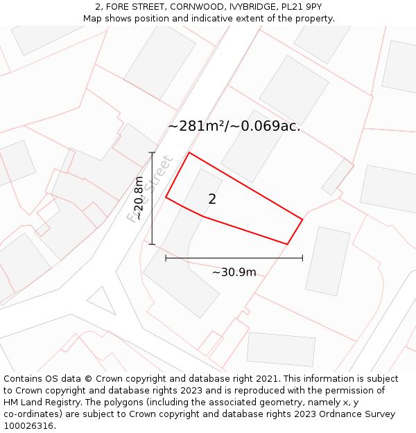 2, FORE STREET, CORNWOOD, IVYBRIDGE, PL21 9PY: Plot and title map
