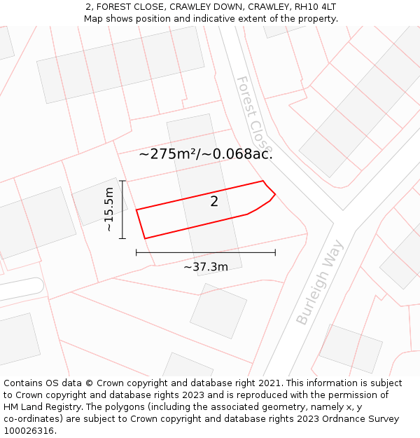 2, FOREST CLOSE, CRAWLEY DOWN, CRAWLEY, RH10 4LT: Plot and title map