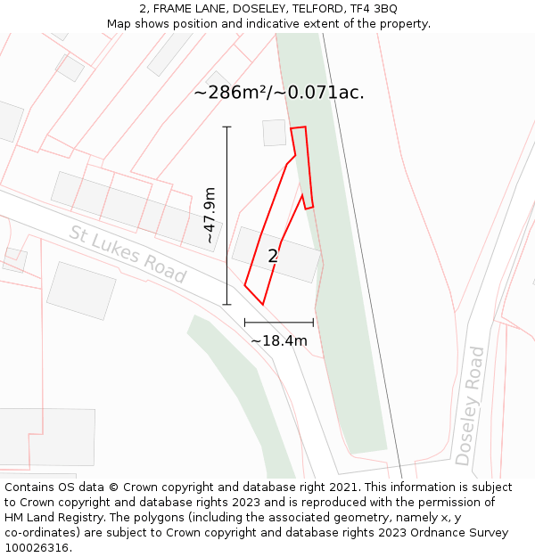 2, FRAME LANE, DOSELEY, TELFORD, TF4 3BQ: Plot and title map