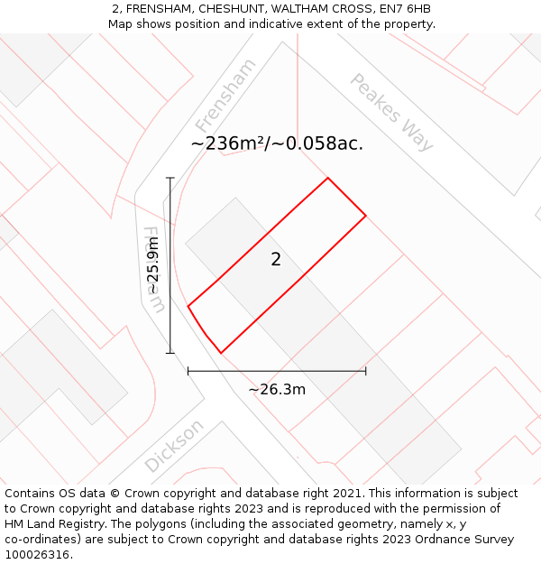 2, FRENSHAM, CHESHUNT, WALTHAM CROSS, EN7 6HB: Plot and title map
