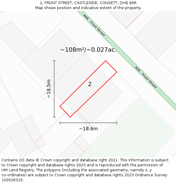 2, FRONT STREET, CASTLESIDE, CONSETT, DH8 9AR: Plot and title map