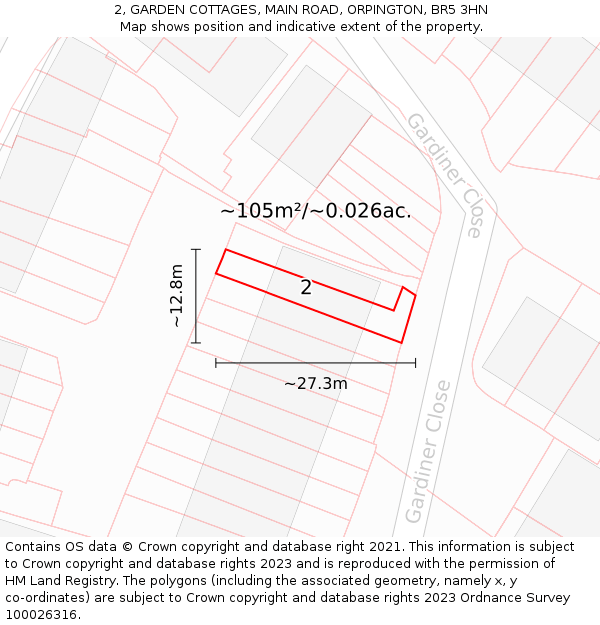 2, GARDEN COTTAGES, MAIN ROAD, ORPINGTON, BR5 3HN: Plot and title map
