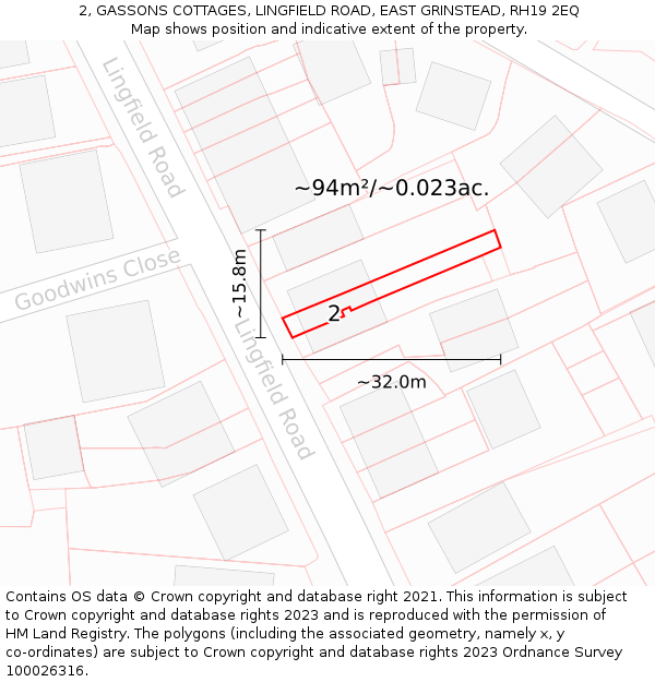 2, GASSONS COTTAGES, LINGFIELD ROAD, EAST GRINSTEAD, RH19 2EQ: Plot and title map