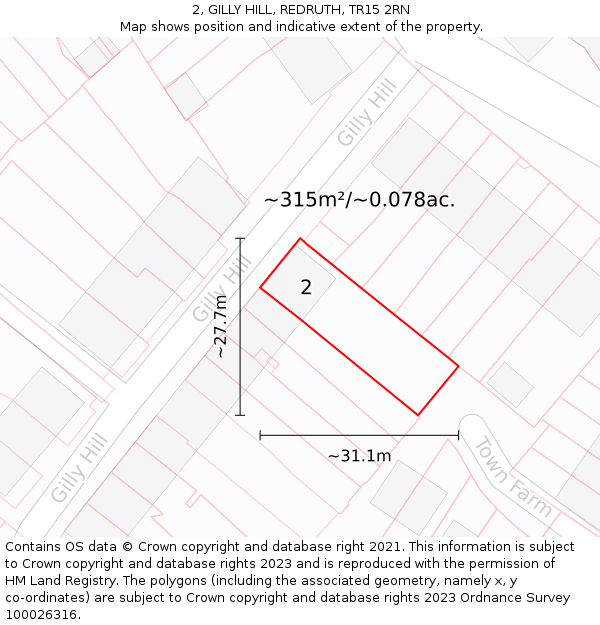 2, GILLY HILL, REDRUTH, TR15 2RN: Plot and title map
