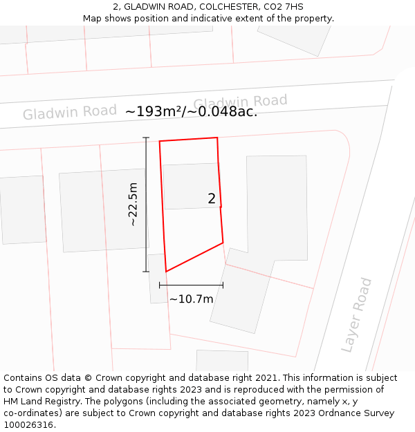 2, GLADWIN ROAD, COLCHESTER, CO2 7HS: Plot and title map
