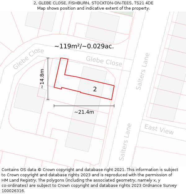 2, GLEBE CLOSE, FISHBURN, STOCKTON-ON-TEES, TS21 4DE: Plot and title map