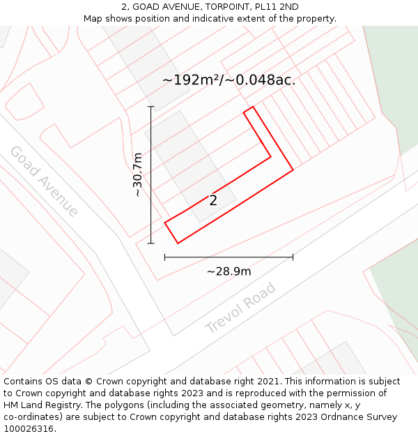 2, GOAD AVENUE, TORPOINT, PL11 2ND: Plot and title map