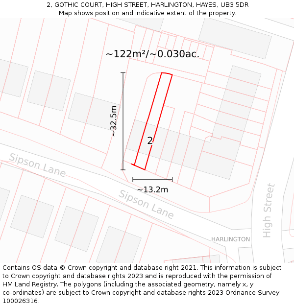 2, GOTHIC COURT, HIGH STREET, HARLINGTON, HAYES, UB3 5DR: Plot and title map