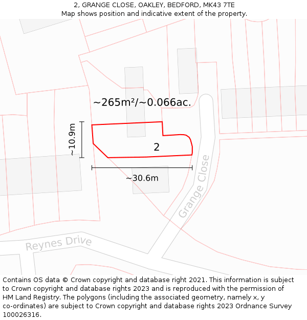 2, GRANGE CLOSE, OAKLEY, BEDFORD, MK43 7TE: Plot and title map