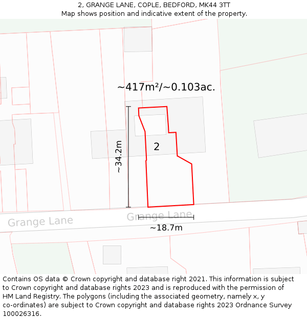 2, GRANGE LANE, COPLE, BEDFORD, MK44 3TT: Plot and title map