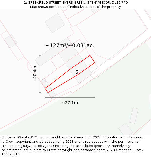 2, GREENFIELD STREET, BYERS GREEN, SPENNYMOOR, DL16 7PD: Plot and title map