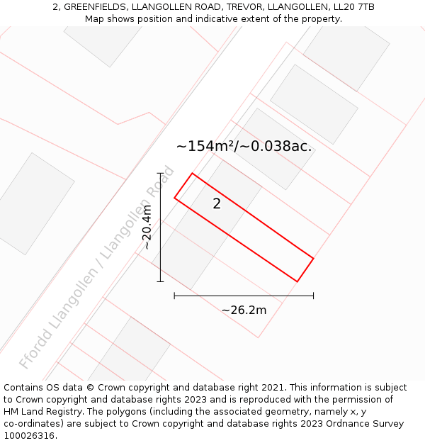 2, GREENFIELDS, LLANGOLLEN ROAD, TREVOR, LLANGOLLEN, LL20 7TB: Plot and title map