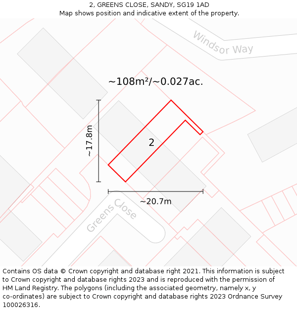 2, GREENS CLOSE, SANDY, SG19 1AD: Plot and title map
