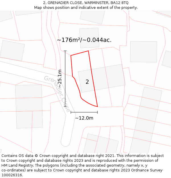 2, GRENADIER CLOSE, WARMINSTER, BA12 8TQ: Plot and title map