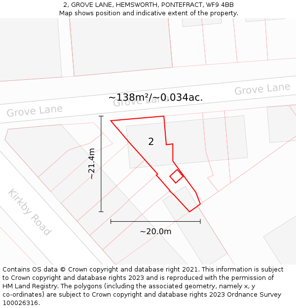 2, GROVE LANE, HEMSWORTH, PONTEFRACT, WF9 4BB: Plot and title map