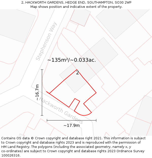 2, HACKWORTH GARDENS, HEDGE END, SOUTHAMPTON, SO30 2WP: Plot and title map