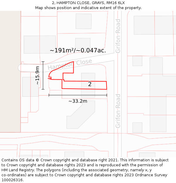 2, HAMPTON CLOSE, GRAYS, RM16 6LX: Plot and title map