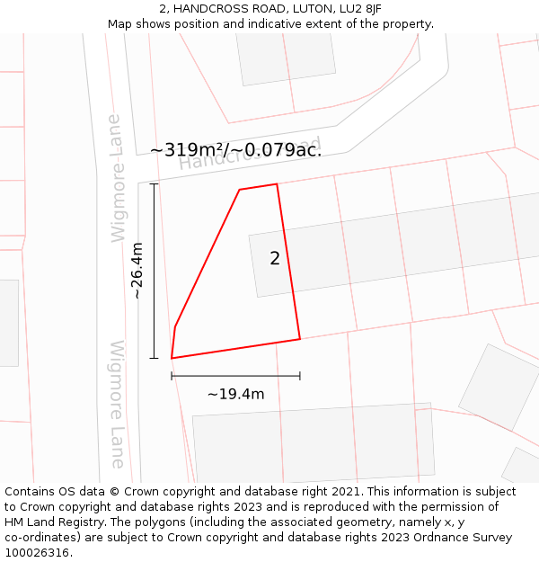 2, HANDCROSS ROAD, LUTON, LU2 8JF: Plot and title map