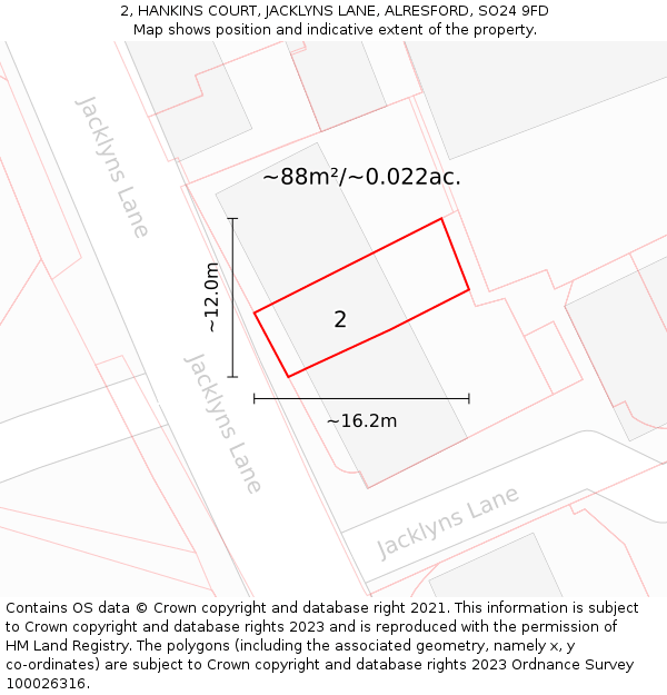2, HANKINS COURT, JACKLYNS LANE, ALRESFORD, SO24 9FD: Plot and title map