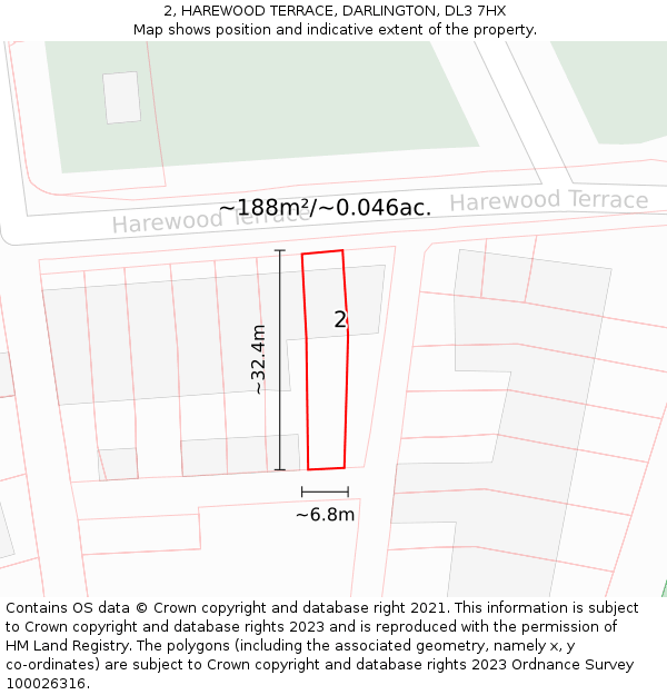 2, HAREWOOD TERRACE, DARLINGTON, DL3 7HX: Plot and title map