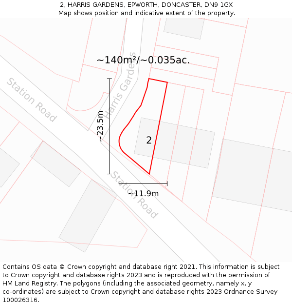 2, HARRIS GARDENS, EPWORTH, DONCASTER, DN9 1GX: Plot and title map