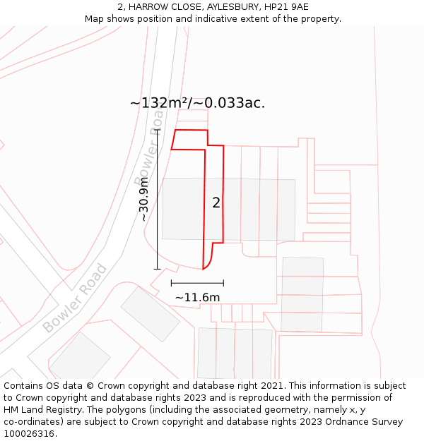 2, HARROW CLOSE, AYLESBURY, HP21 9AE: Plot and title map