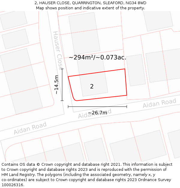 2, HAUSER CLOSE, QUARRINGTON, SLEAFORD, NG34 8WD: Plot and title map