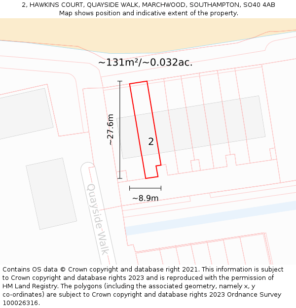 2, HAWKINS COURT, QUAYSIDE WALK, MARCHWOOD, SOUTHAMPTON, SO40 4AB: Plot and title map