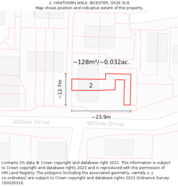 2, HAWTHORN WALK, BICESTER, OX26 3US: Plot and title map