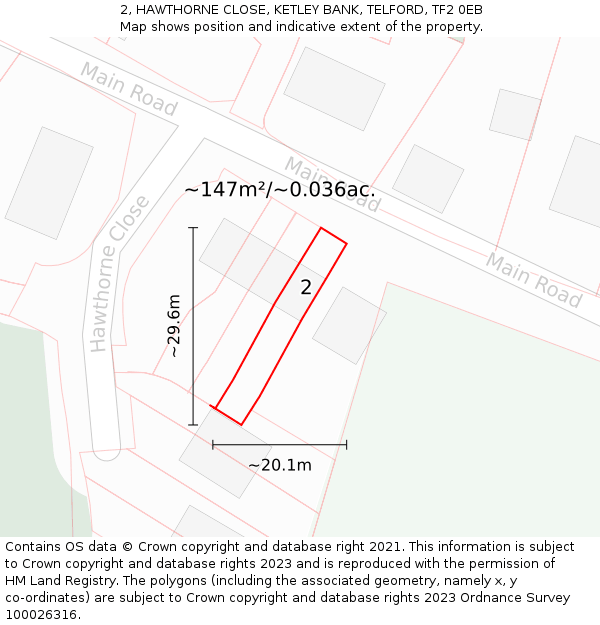 2, HAWTHORNE CLOSE, KETLEY BANK, TELFORD, TF2 0EB: Plot and title map