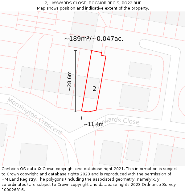 2, HAYWARDS CLOSE, BOGNOR REGIS, PO22 8HF: Plot and title map