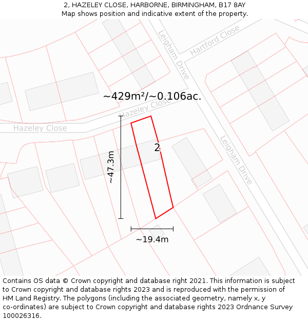 2, HAZELEY CLOSE, HARBORNE, BIRMINGHAM, B17 8AY: Plot and title map