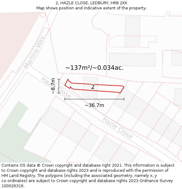2, HAZLE CLOSE, LEDBURY, HR8 2XX: Plot and title map