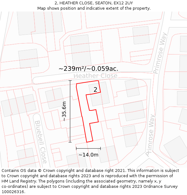 2, HEATHER CLOSE, SEATON, EX12 2UY: Plot and title map