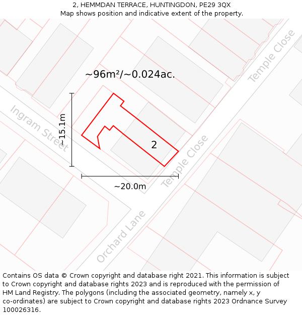 2, HEMMDAN TERRACE, HUNTINGDON, PE29 3QX: Plot and title map