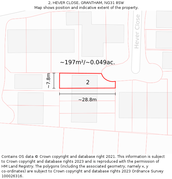 2, HEVER CLOSE, GRANTHAM, NG31 8SW: Plot and title map