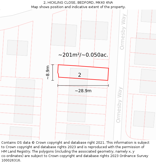 2, HICKLING CLOSE, BEDFORD, MK40 4NA: Plot and title map