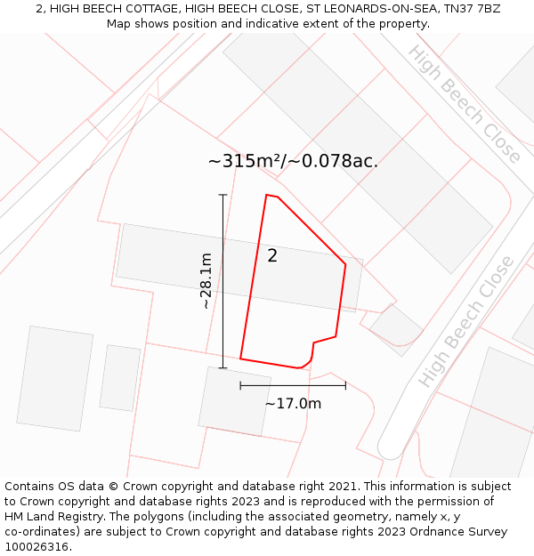 2, HIGH BEECH COTTAGE, HIGH BEECH CLOSE, ST LEONARDS-ON-SEA, TN37 7BZ: Plot and title map