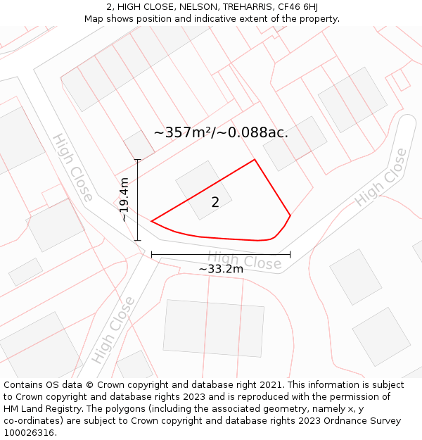 2, HIGH CLOSE, NELSON, TREHARRIS, CF46 6HJ: Plot and title map
