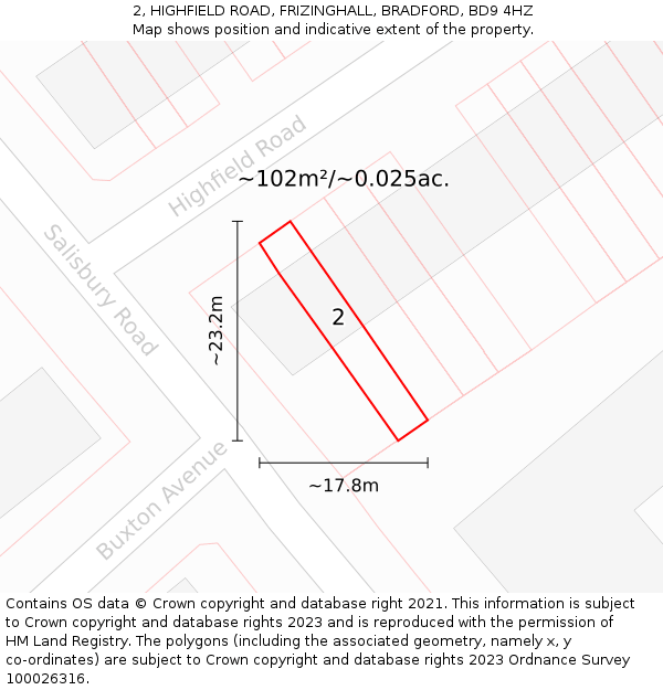 2, HIGHFIELD ROAD, FRIZINGHALL, BRADFORD, BD9 4HZ: Plot and title map