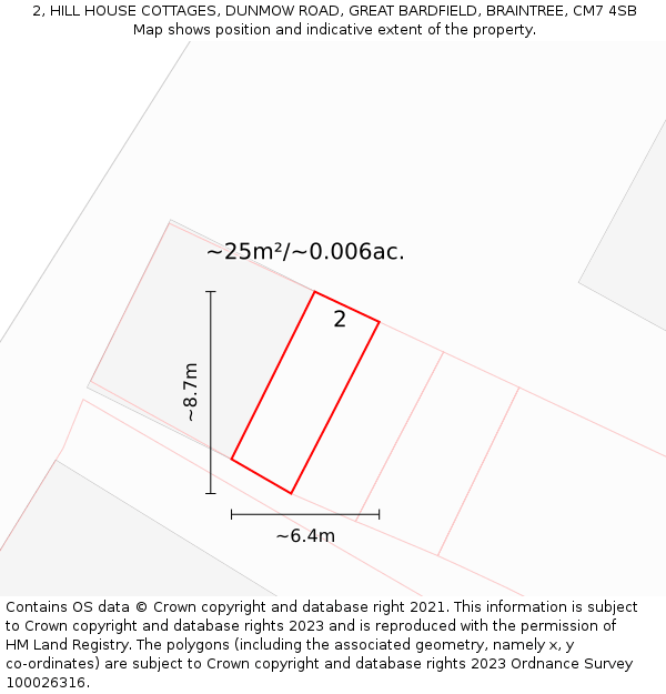 2, HILL HOUSE COTTAGES, DUNMOW ROAD, GREAT BARDFIELD, BRAINTREE, CM7 4SB: Plot and title map