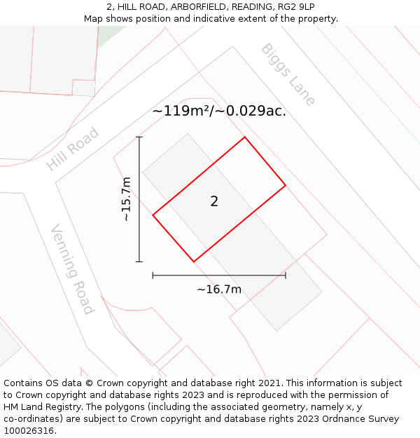 2, HILL ROAD, ARBORFIELD, READING, RG2 9LP: Plot and title map