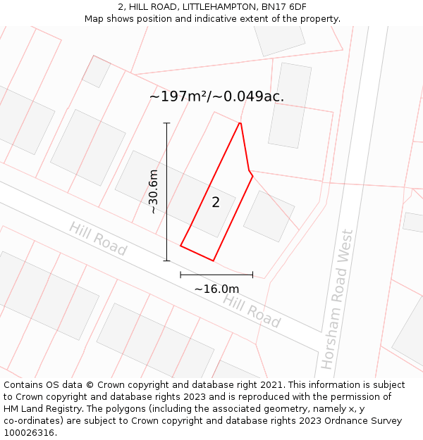 2, HILL ROAD, LITTLEHAMPTON, BN17 6DF: Plot and title map