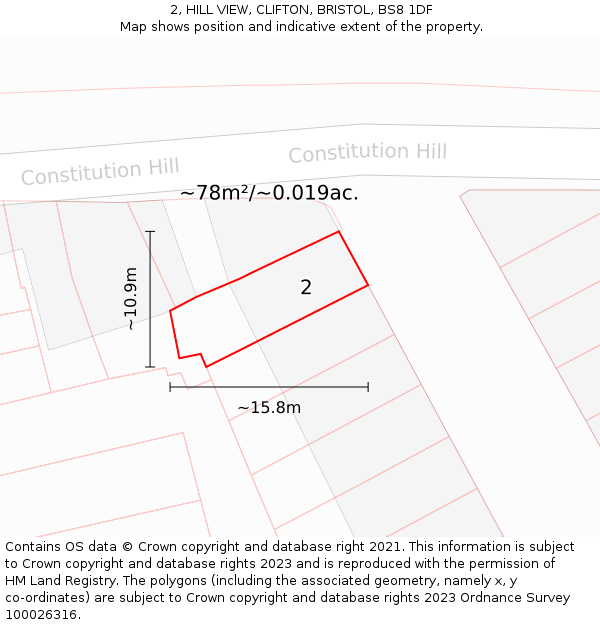 2, HILL VIEW, CLIFTON, BRISTOL, BS8 1DF: Plot and title map