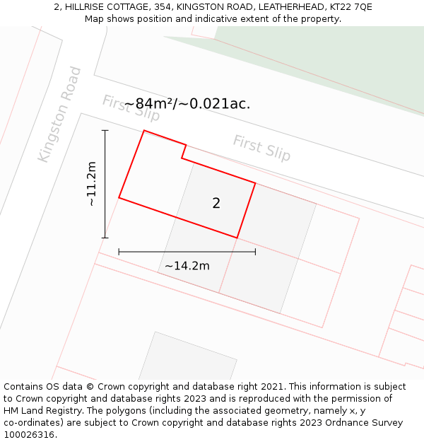 2, HILLRISE COTTAGE, 354, KINGSTON ROAD, LEATHERHEAD, KT22 7QE: Plot and title map