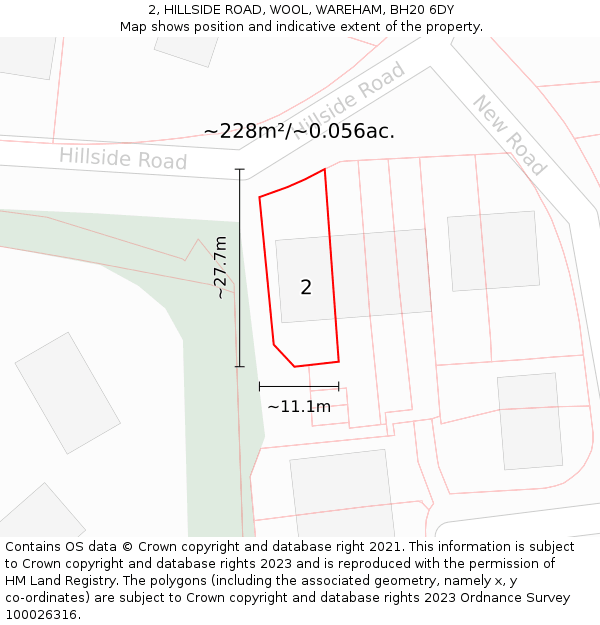 2, HILLSIDE ROAD, WOOL, WAREHAM, BH20 6DY: Plot and title map